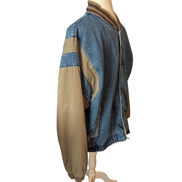 Vtg Blue Denim Tan Canvas Varsity Chore Bomber Jacket with Ribbed Details Sz L - Picture 5 of 11
